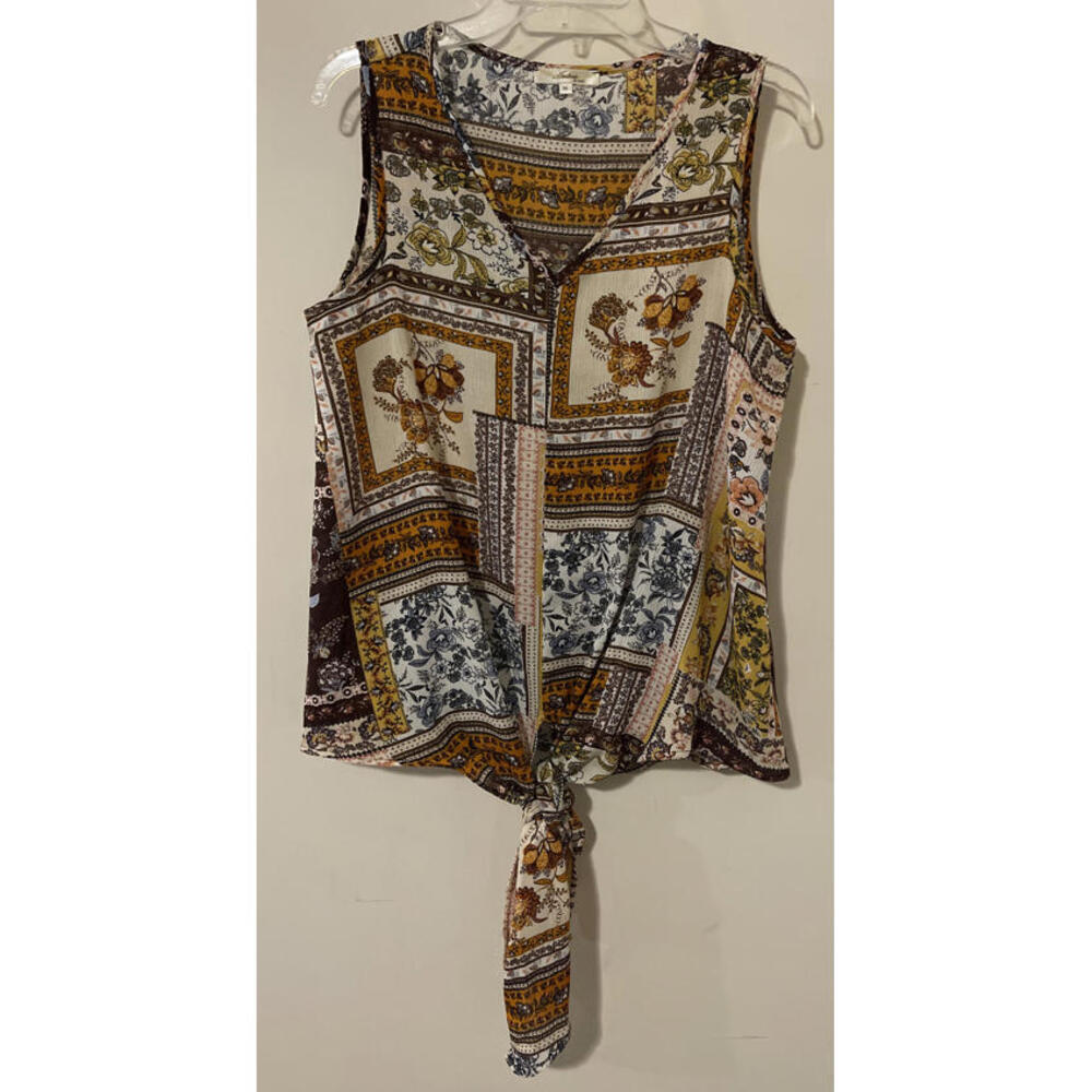 Andre by Unit Womens Medium Brown Floral Vneck Sleeveless Front-Tie Blouse!A4636